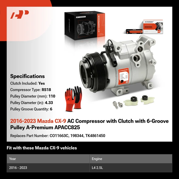 2016-2023 Mazda CX-9 AC Compressor with Clutch with 6-Groove Pulley A-Premium APACC825