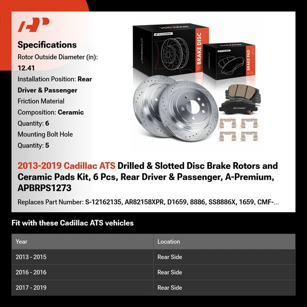 2013-2019 Cadillac ATS Drilled & Slotted Disc Brake Rotors and Ceramic Pads Kit, 6 Pcs, Rear Driver & Passenger, A-Premium, APBRPS1273