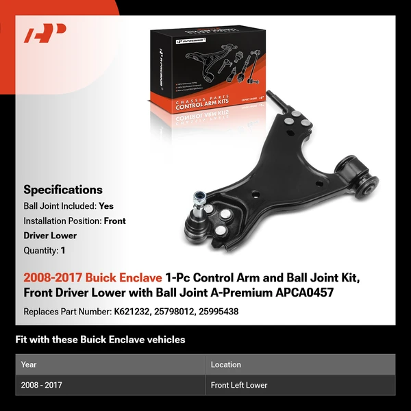 2008-2017 Buick Enclave 1-Pc Control Arm and Ball Joint Kit, Front Driver Lower with Ball Joint A-Premium APCA0457