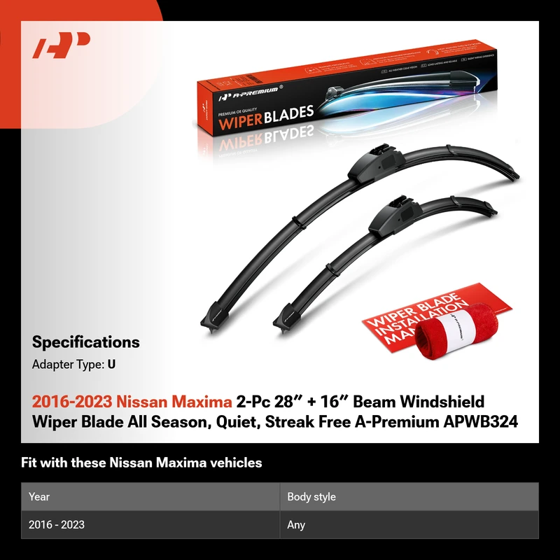 2016-2023 Nissan Maxima 2-Pc 28″ + 16″ Beam Windshield Wiper Blade All Season, Quiet, Streak Free A-Premium APWB324