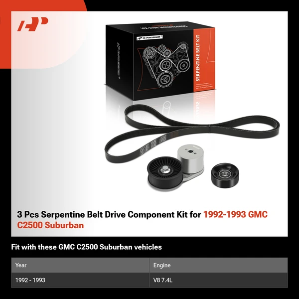 3 Pcs Serpentine Belt Drive Component Kit for 1992-1993 GMC C2500 Suburban