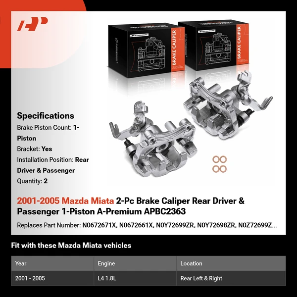 2001-2005 Mazda Miata 2-Pc Brake Caliper Rear Driver & Passenger 1-Piston A-Premium APBC2363