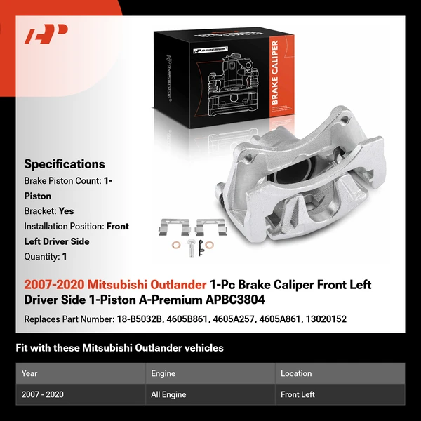 2007-2020 Mitsubishi Outlander 1-Pc Brake Caliper Front Left Driver Side 1-Piston A-Premium APBC3804