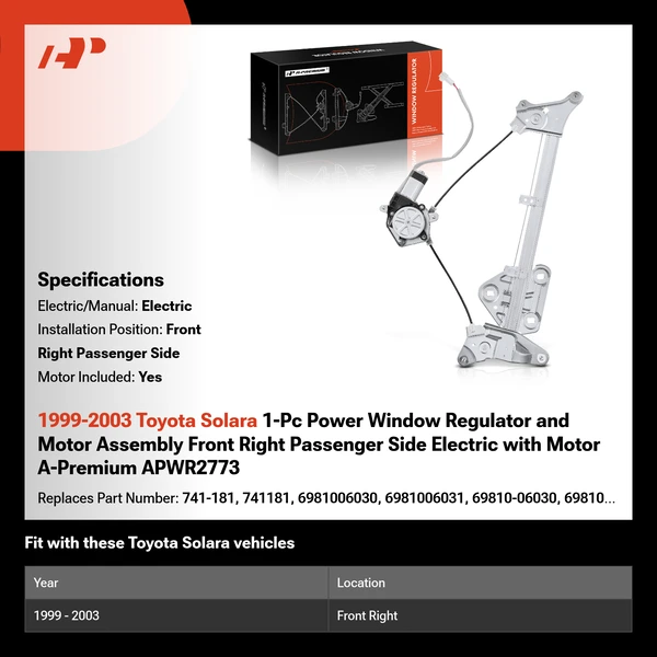1999-2003 Toyota Solara 1-Pc Power Window Regulator and Motor Assembly Front Right Passenger Side Electric with Motor A-Premium APWR2773