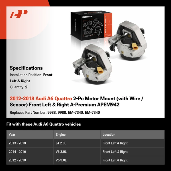 2012-2018 Audi A6 Quattro 2-Pc Motor Mount (with Wire / Sensor) Front Left & Right A-Premium APEM942