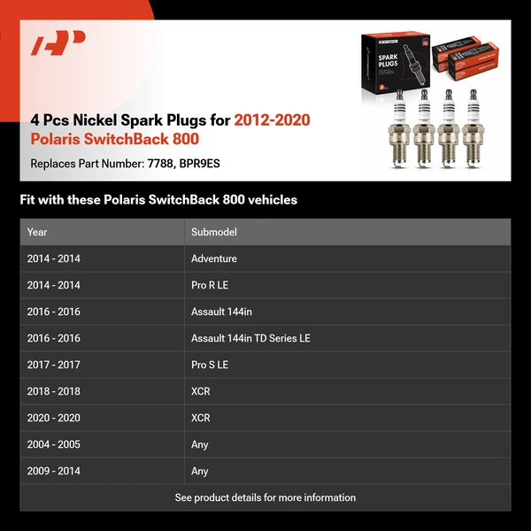 4 Pcs Nickel Spark Plugs for 2012-2020 Polaris SwitchBack 800