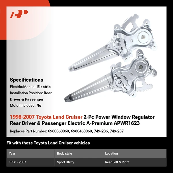 1998-2007 Toyota Land Cruiser 2-Pc Power Window Regulator Rear Driver & Passenger Electric A-Premium APWR1623