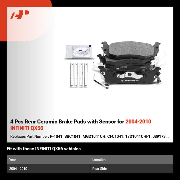 4 Pcs Rear Ceramic Brake Pads with Sensor for 2004-2010 INFINITI QX56