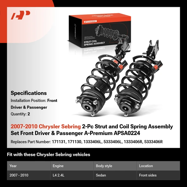 2007-2010 Chrysler Sebring 2-Pc Strut and Coil Spring Assembly Set Front Driver & Passenger A-Premium APSA0224