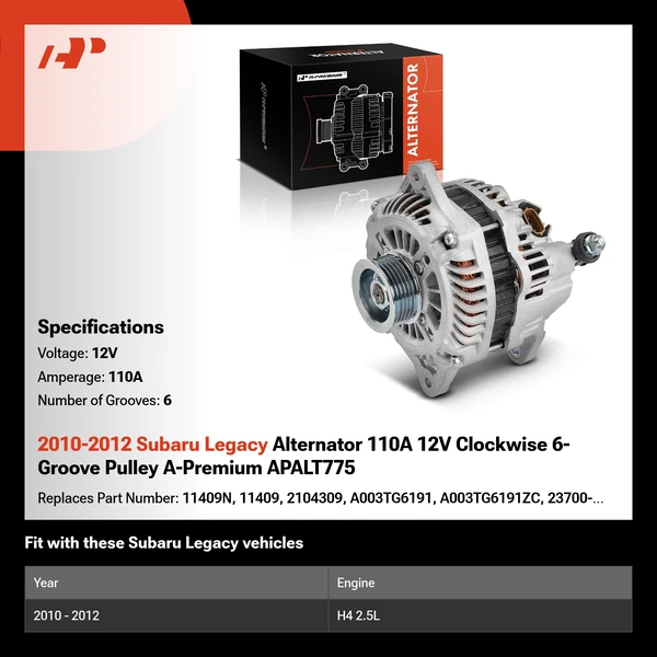 2010-2012 Subaru Legacy Alternator 110A 12V Clockwise 6-Groove Pulley A-Premium APALT775
