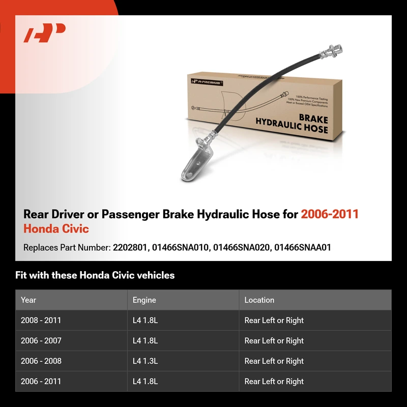Rear Driver or Passenger Brake Hydraulic Hose for 2006-2011 Honda Civic
