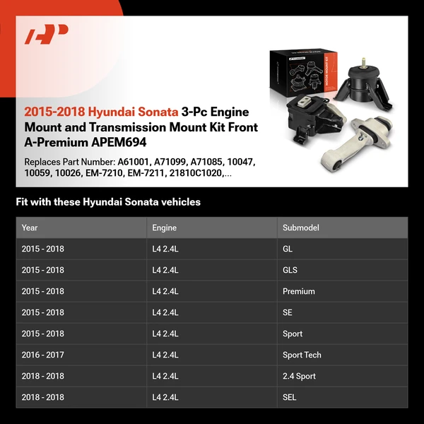 2015-2018 Hyundai Sonata 3-Pc Engine Mount and Transmission Mount Kit Front A-Premium APEM694