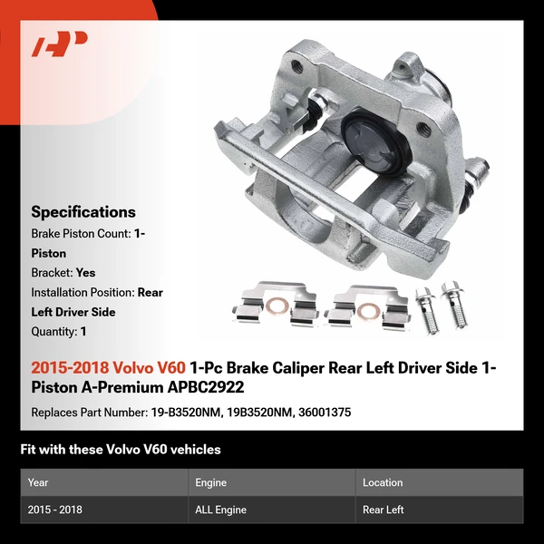 2015-2018 Volvo V60 1-Pc Brake Caliper Rear Left Driver Side 1-Piston A-Premium APBC2922