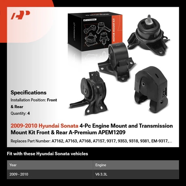 2009-2010 Hyundai Sonata 4-Pc Engine Mount and Transmission Mount Kit Front & Rear A-Premium APEM1209