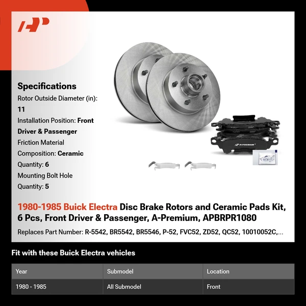 1980-1985 Buick Electra Disc Brake Rotors and Ceramic Pads Kit, 6 Pcs, Front Driver & Passenger, A-Premium, APBRPR1080