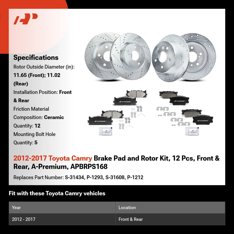 2012-2017 Toyota Camry Brake Pad and Rotor Kit, 12 Pcs, Front & Rear, A-Premium, APBRPS168