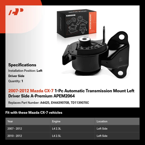 2007-2012 Mazda CX-7 1-Pc Automatic Transmission Mount Left Driver Side A-Premium APEM2064