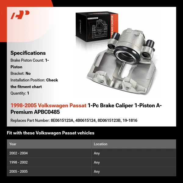 1998-2005 Volkswagen Passat 1-Pc Brake Caliper 1-Piston A-Premium APBC0485