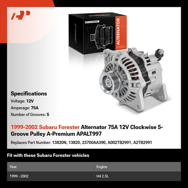 1999-2002 Subaru Forester Alternator 75A 12V Clockwise 5-Groove Pulley A-Premium APALT997