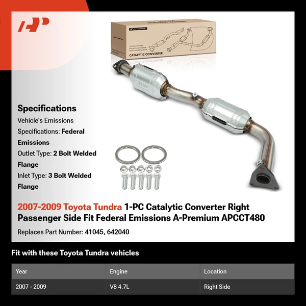 2007-2009 Toyota Tundra 1-PC Catalytic Converter Right Passenger Side Fit Federal Emissions A-Premium APCCT480