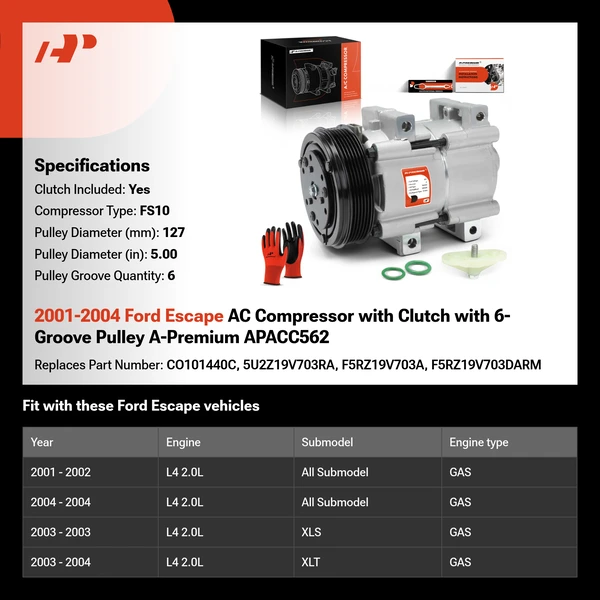 2001-2004 Ford Escape AC Compressor with Clutch with 6-Groove Pulley A-Premium APACC562