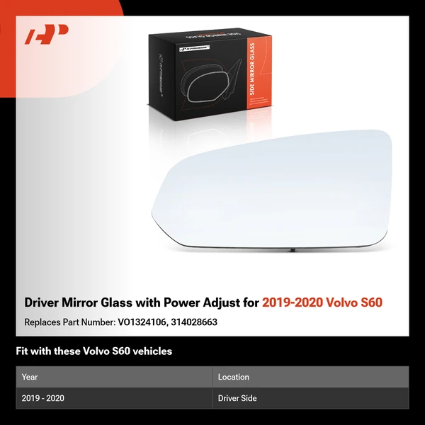Driver Mirror Glass with Power Adjust for 2019-2020 Volvo S60