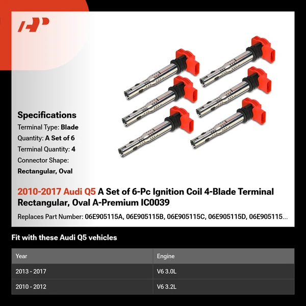 2010-2017 Audi Q5 A Set of 6-Pc Ignition Coil 4-Blade Terminal Rectangular, Oval A-Premium IC0039