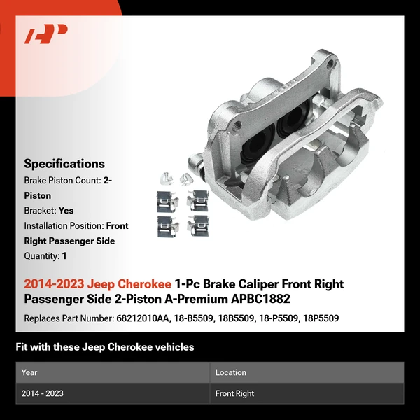 2014-2023 Jeep Cherokee 1-Pc Brake Caliper Front Right Passenger Side 2-Piston A-Premium APBC1882