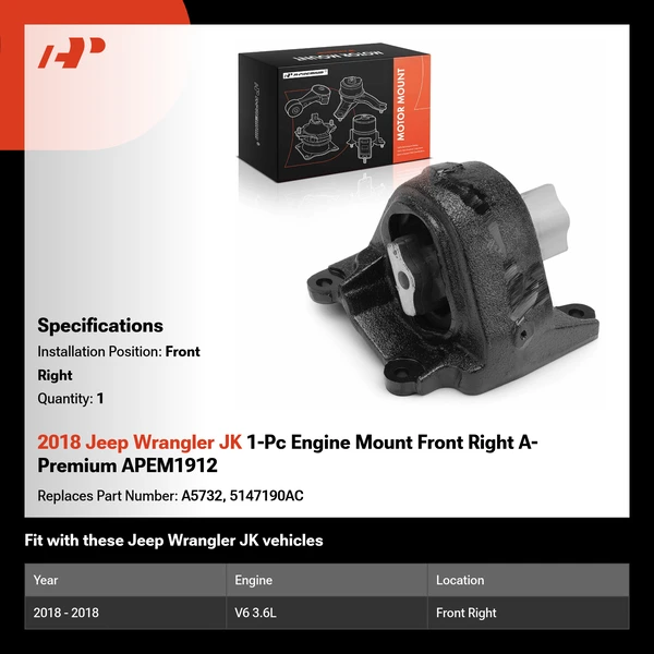 2018 Jeep Wrangler JK 1-Pc Engine Mount Front Right A-Premium APEM1912