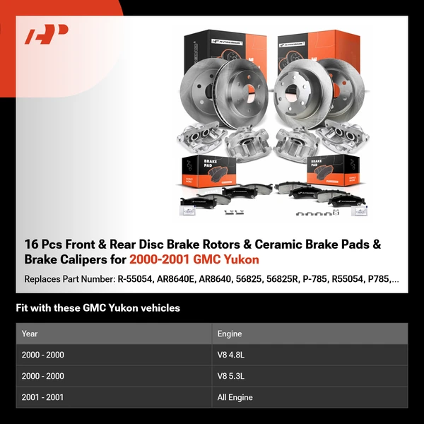 16 Pcs Front & Rear Disc Brake Rotors & Ceramic Brake Pads & Brake Calipers for 2000-2001 GMC Yukon