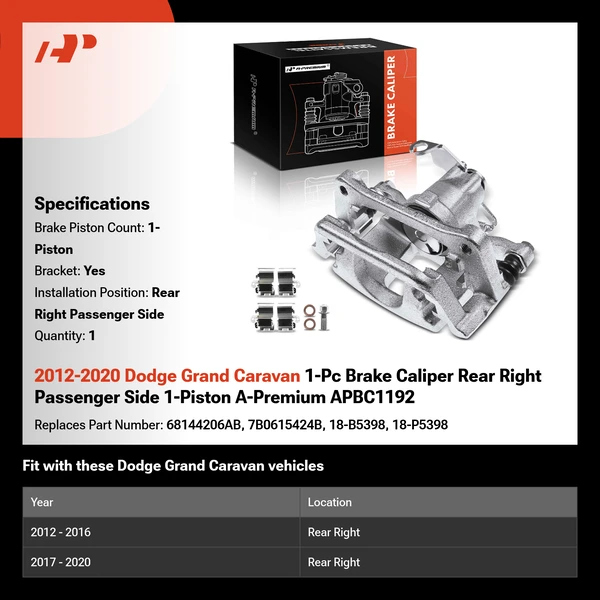 2012-2020 Dodge Grand Caravan 1-Pc Brake Caliper Rear Right Passenger Side 1-Piston A-Premium APBC1192