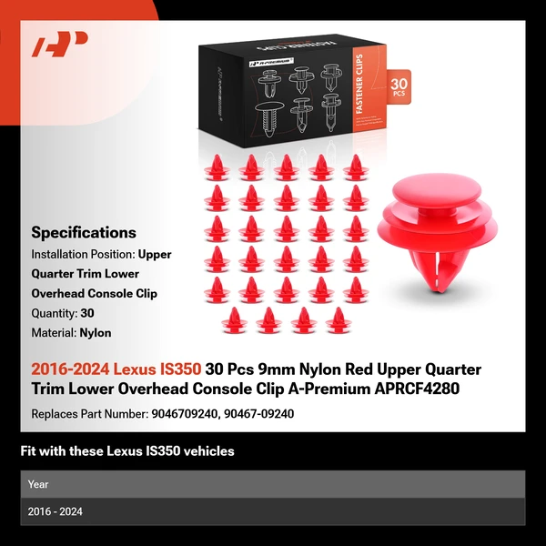 2016-2024 Lexus IS350 30 Pcs 9mm Nylon Red Upper Quarter Trim Lower Overhead Console Clip A-Premium APRCF4280