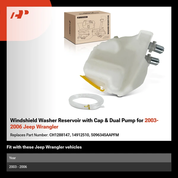 Windshield Washer Reservoir with Cap & Dual Pump for 2003-2006 Jeep Wrangler