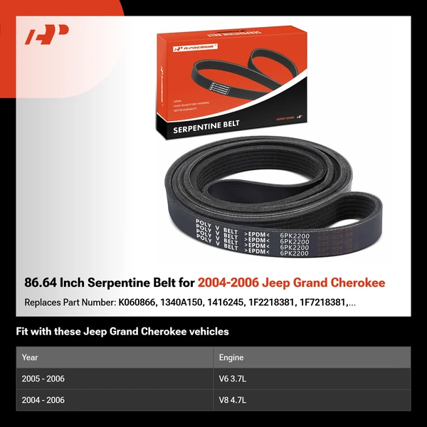 86.64 Inch Serpentine Belt for 2004-2006 Jeep Grand Cherokee