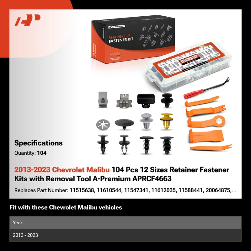 2013-2023 Chevrolet Malibu 104 Pcs 12 Sizes Retainer Fastener Kits with Removal Tool A-Premium APRCF4663
