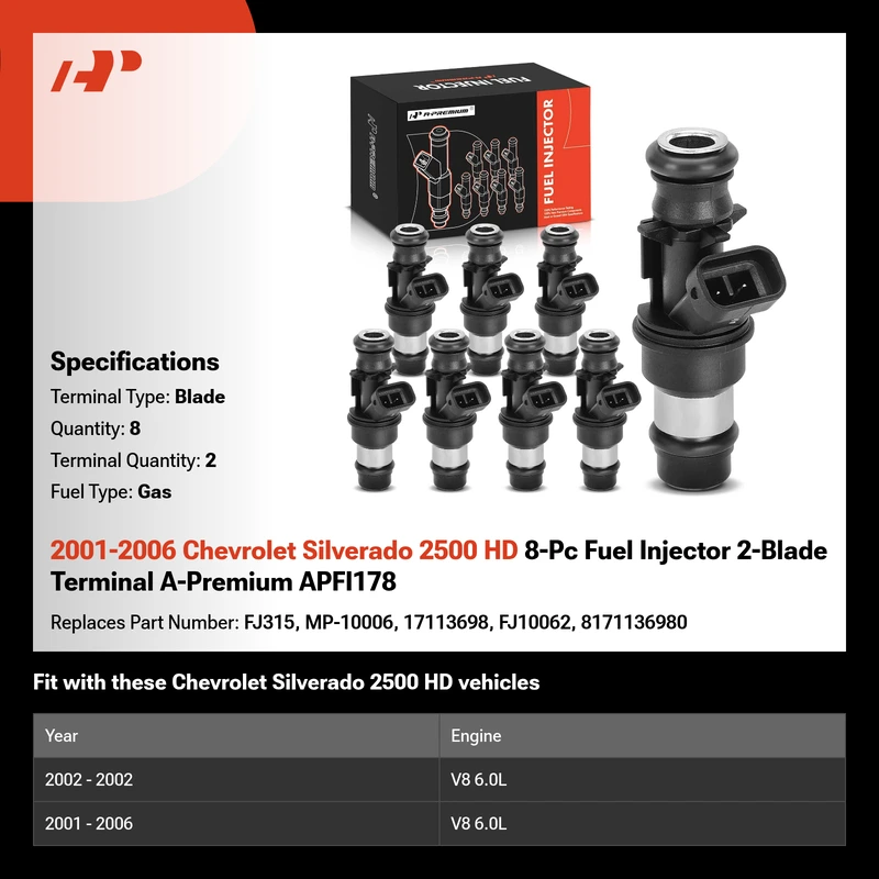 2001-2006 Chevrolet Silverado 2500 HD 8-Pc Fuel Injector 2-Blade Terminal A-Premium APFI178