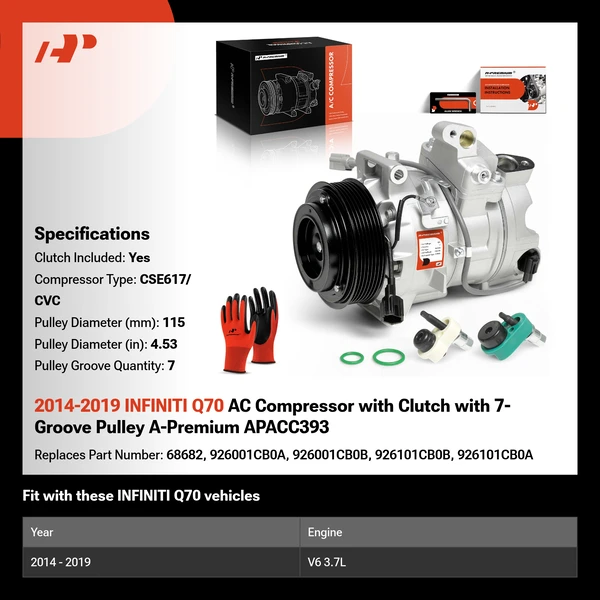 2014-2019 INFINITI Q70 AC Compressor with Clutch with 7-Groove Pulley A-Premium APACC393