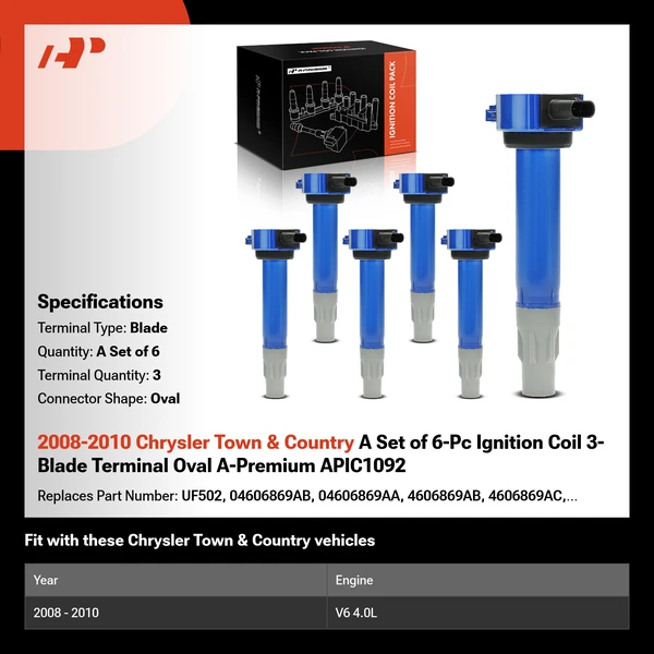 2008-2010 Chrysler Town & Country A Set of 6-Pc Ignition Coil 3-Blade Terminal Oval A-Premium APIC1092