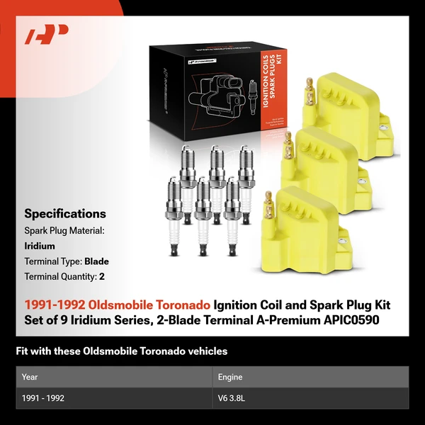 1991-1992 Oldsmobile Toronado Ignition Coil and Spark Plug Kit Set of 9 Iridium Series, 2-Blade Terminal A-Premium APIC0590