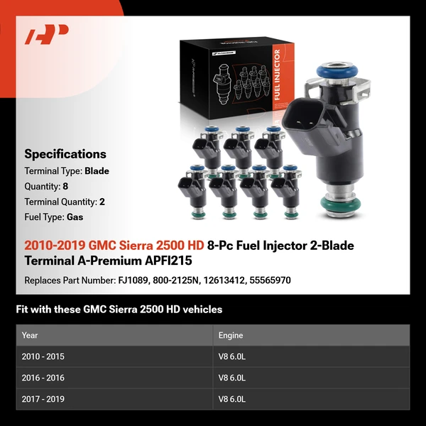 2010-2019 GMC Sierra 2500 HD 8-Pc Fuel Injector 2-Blade Terminal A-Premium APFI215