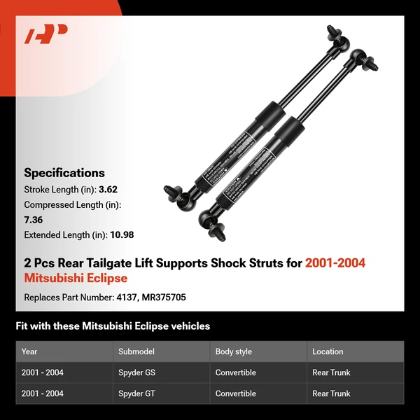 2 Pcs Rear Tailgate Lift Supports Shock Struts for 2001-2004 Mitsubishi Eclipse