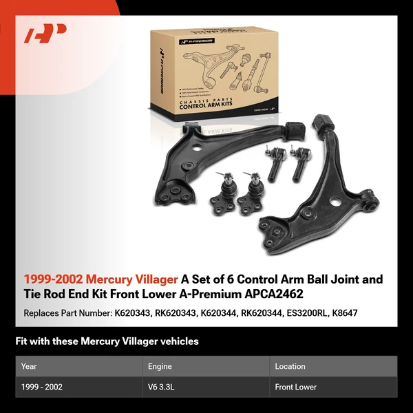 1999-2002 Mercury Villager A Set of 6 Control Arm Ball Joint and Tie Rod End Kit Front Lower A-Premium APCA2462