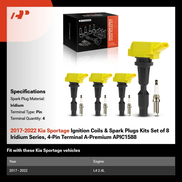 2017-2022 Kia Sportage Ignition Coils & Spark Plugs Kits Set of 8 Iridium Series, 4-Pin Terminal A-Premium APIC1588