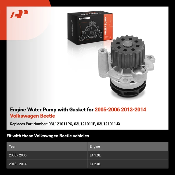 Engine Water Pump with Gasket for 2005-2006 2013-2014 Volkswagen Beetle