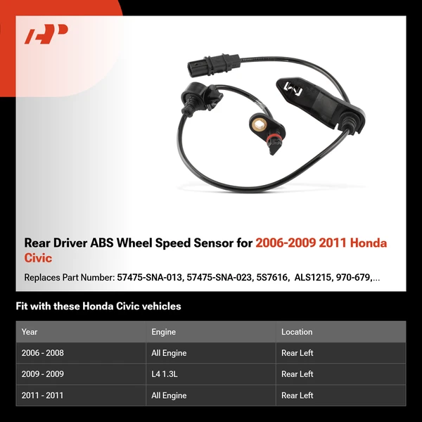 Rear Driver ABS Wheel Speed Sensor for 2006-2009 2011 Honda Civic