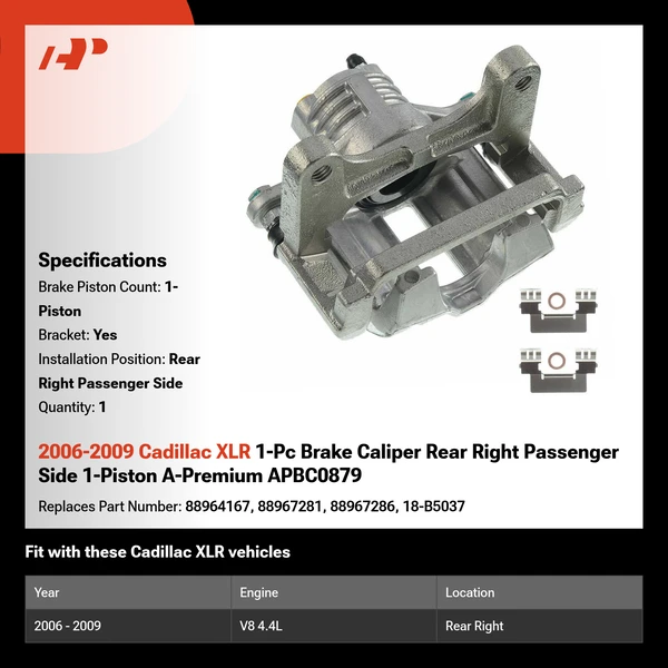 2006-2009 Cadillac XLR 1-Pc Brake Caliper Rear Right Passenger Side 1-Piston A-Premium APBC0879
