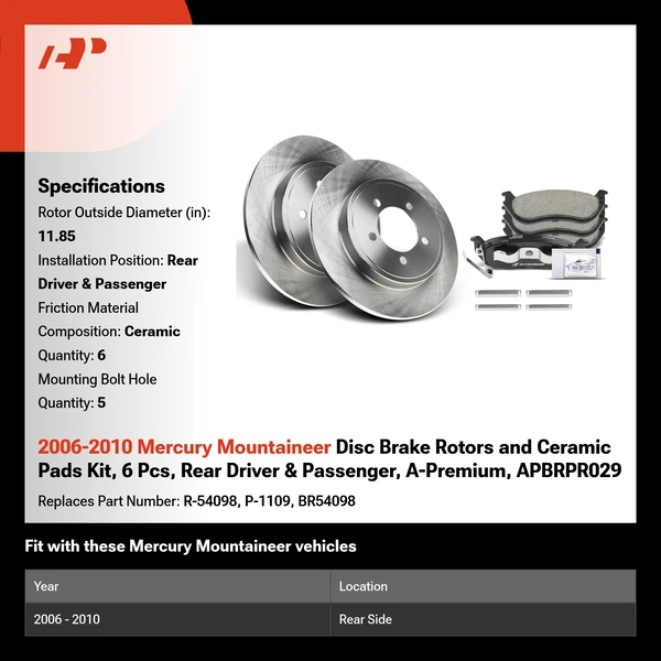 2006-2010 Mercury Mountaineer Disc Brake Rotors and Ceramic Pads Kit, 6 Pcs, Rear Driver & Passenger, A-Premium, APBRPR029