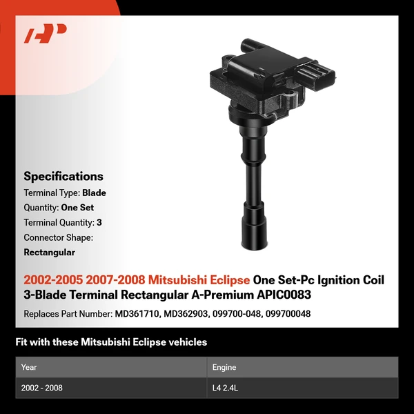 2002-2005 2007-2008 Mitsubishi Eclipse One Set-Pc Ignition Coil 3-Blade Terminal Rectangular A-Premium APIC0083