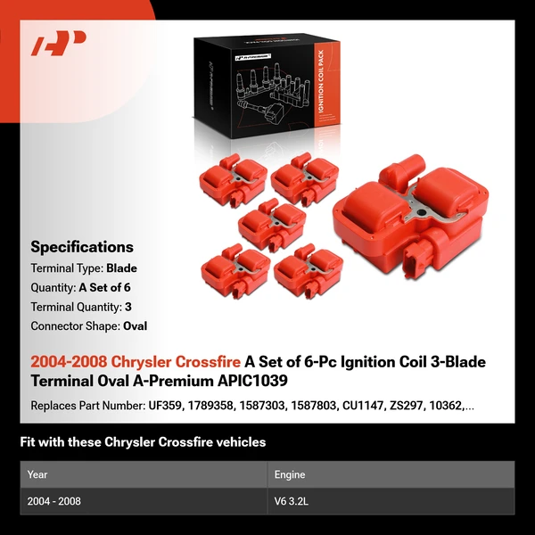 2004-2008 Chrysler Crossfire A Set of 6-Pc Ignition Coil 3-Blade Terminal Oval A-Premium APIC1039