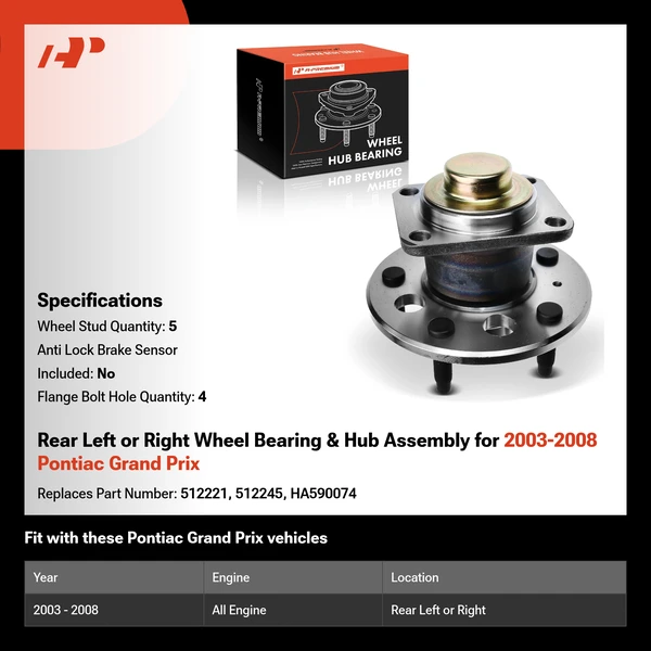 Rear Left or Right Wheel Bearing & Hub Assembly for 2003-2008 Pontiac Grand Prix